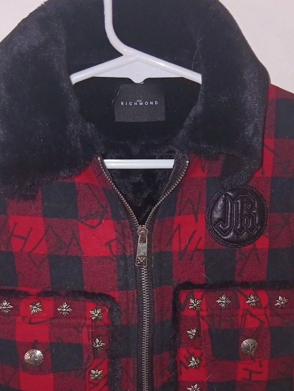 John Richmond Red and Black Plaid Faux Fur Trim Puffer Jacket